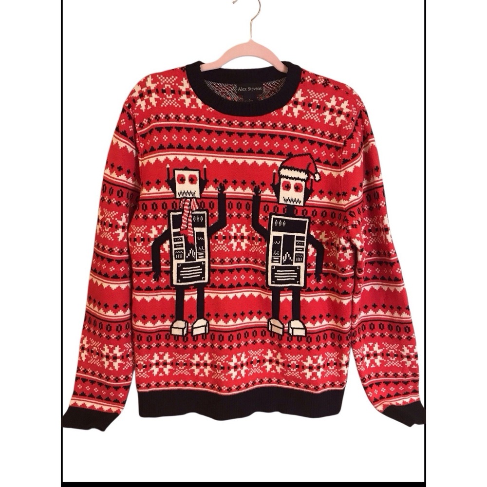 Alex Stevens Ugly‎ Christmas Sweater Robots Size Large Long Sleeve Red